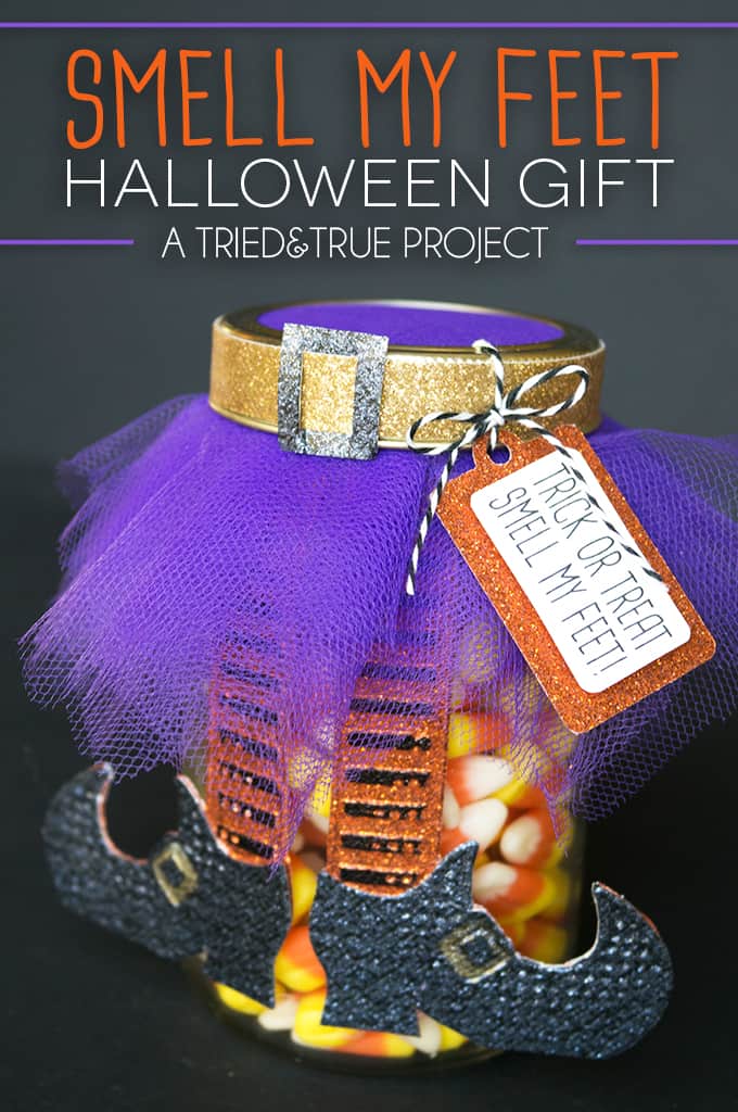 Add tulle and paper embellishments to a mason jar to make this super cute "Smell My Feet" Halloween Gift! Can be fill with small toys, knick nacks, or candy to customize for any recipient. Makes a perfect teacher's gift as well!