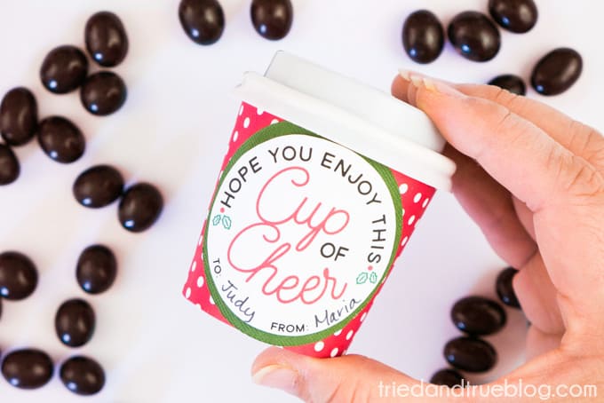 Hand holding a mini coffee cup with chocolate covered espresso beans.