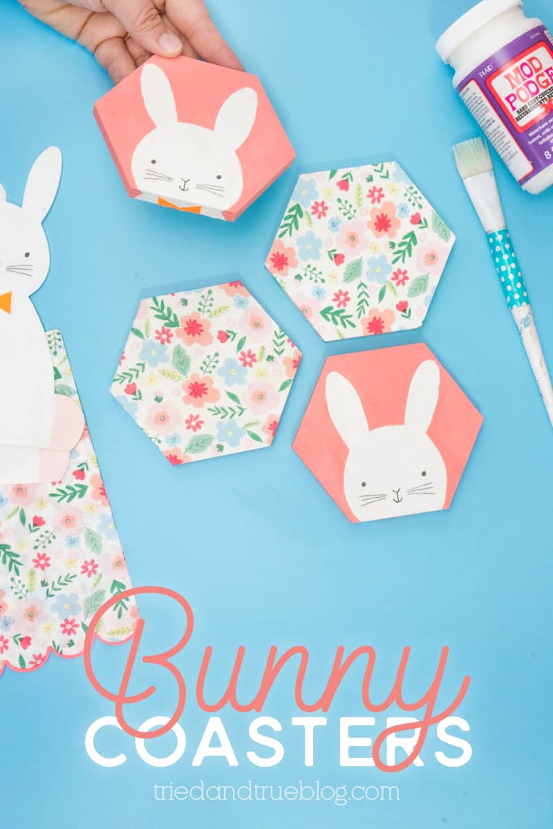 Hand holding of of the Easter Bunny Decoupage Coasters.