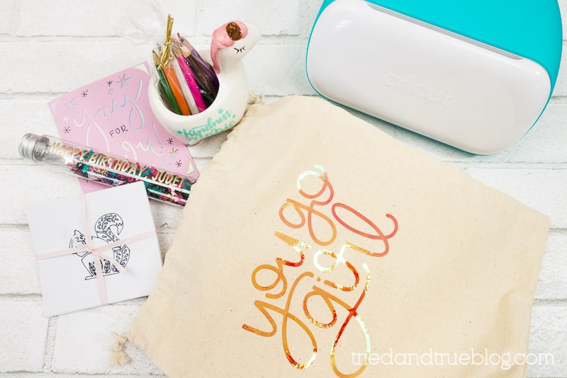 Five easy birthday gifts made with Cricut Joy. Image includes a gift bag with