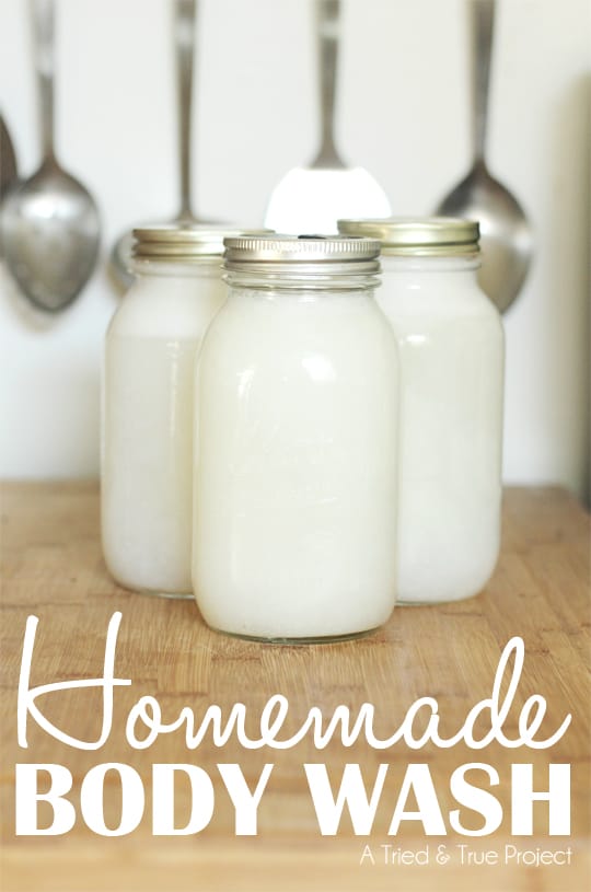 Three large jars of Homemade Body Wash on a counter.