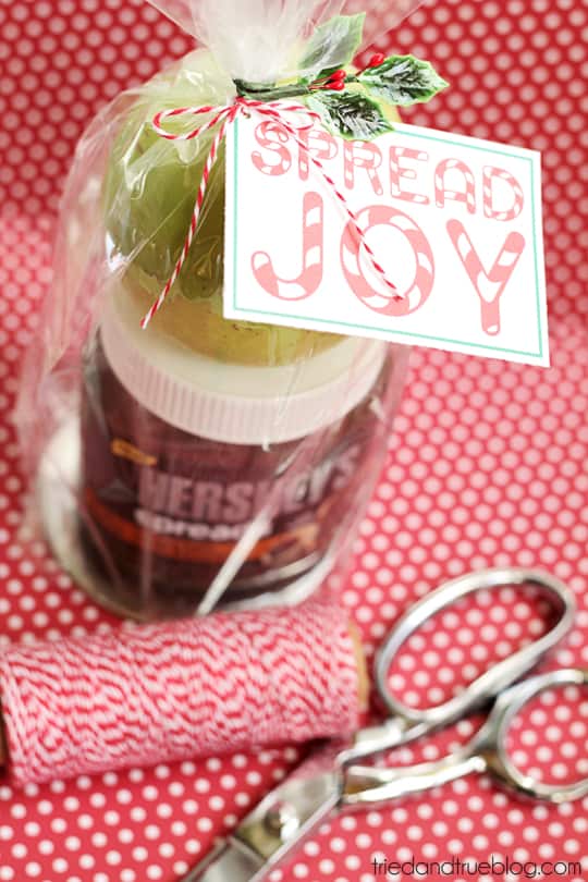 Gift of chocolate spread with an apple and free gift tag that says "Spread Joy."