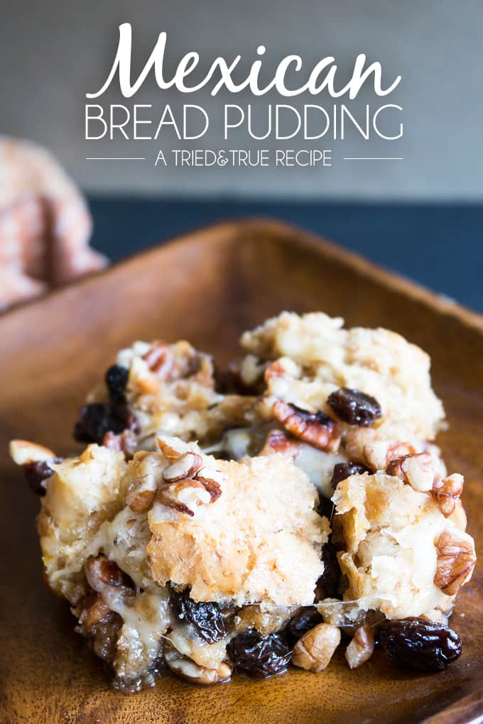 Mexican Bread Pudding (Capriotada) - This traditional Mexican dessert is the perfect after-school treat for kids! Made with whole wheat bread, unrefined sugar, and loaded with nuts and raisins!