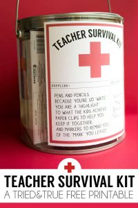 This Teacher Survival Kit goes together super quickly with a few office supplies, a paint can, and the Tried & True free printable!