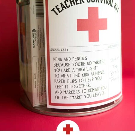 This Teacher Survival Kit goes together super quickly with a few office supplies, a paint can, and the Tried & True free printable!