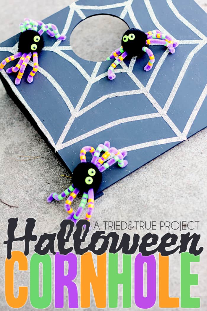 Entertain all the little ghouls and witches with this super fun Cornhole Halloween Party Game! You can even have the kids make and take the spiders!