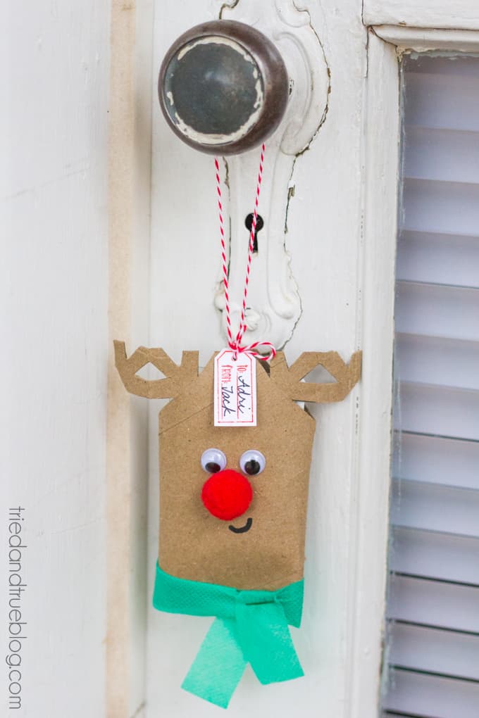 Rudolph Gift Card Holder hanging on door.