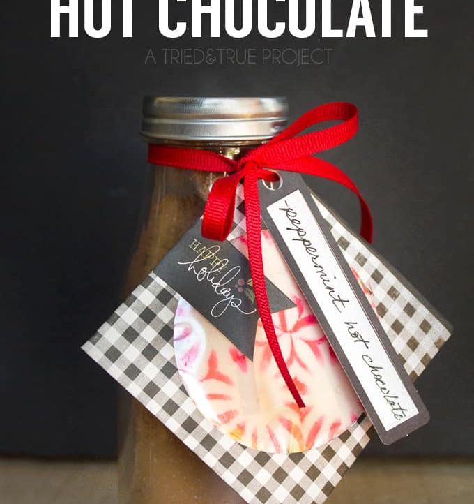 Make a fun Peppermint Hot Chocolate gift with a bottle of instant mix and a peppermint snowflake!