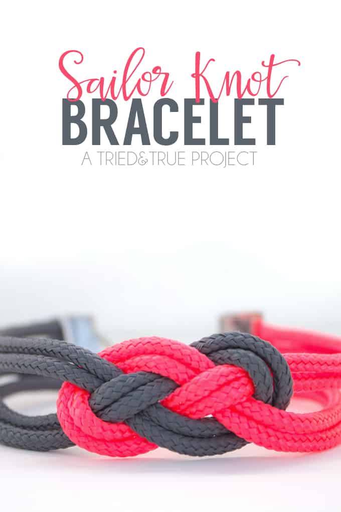 Close up of pink and gray sailor knot bracelet with words "Sailor Knot Bracelet"