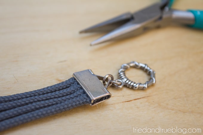 A pair of pliers used to add the jewelry finding to end of bracelet.