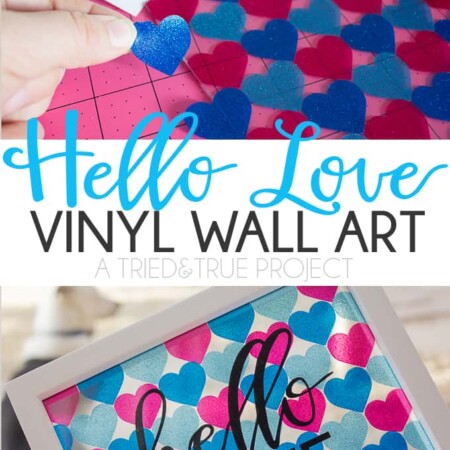 Make this pretty Hello Love Vinyl Wall Art with some glittered transparent vinyl, a cutting machine, and these free files!