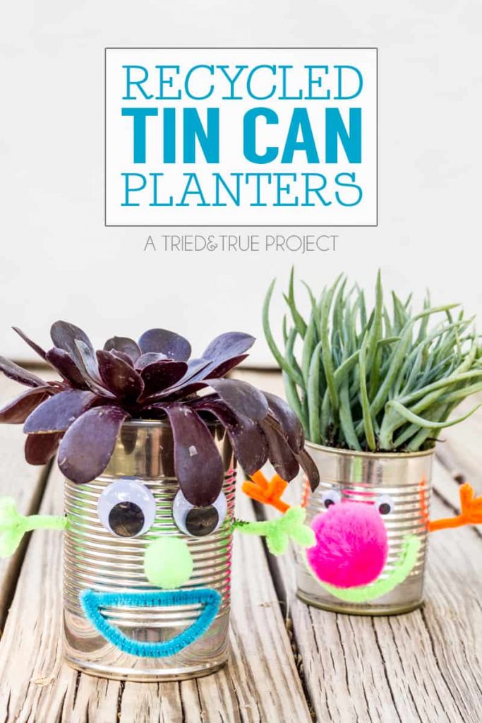 These Recycled Tin Can Planters with your kids to celebrate Earth Day! They're a breeze to make and fun to display!