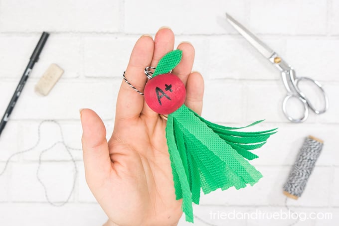 Close up of Teacher Apple Tassel.