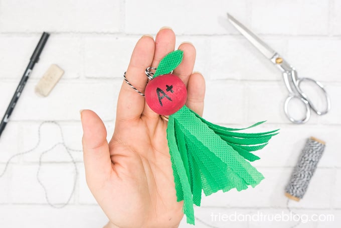 Close up of Teacher Apple Tassel.