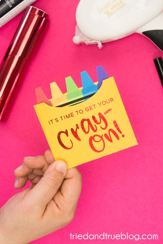 Hand holding "Get Your Cray-On" Teacher Gift Card Holder