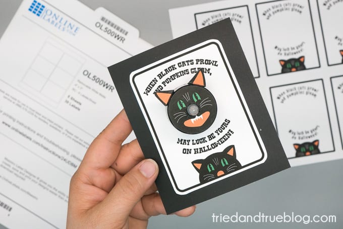 Hand holding a card with Black Cat Tea Light Halloween Gift and words 