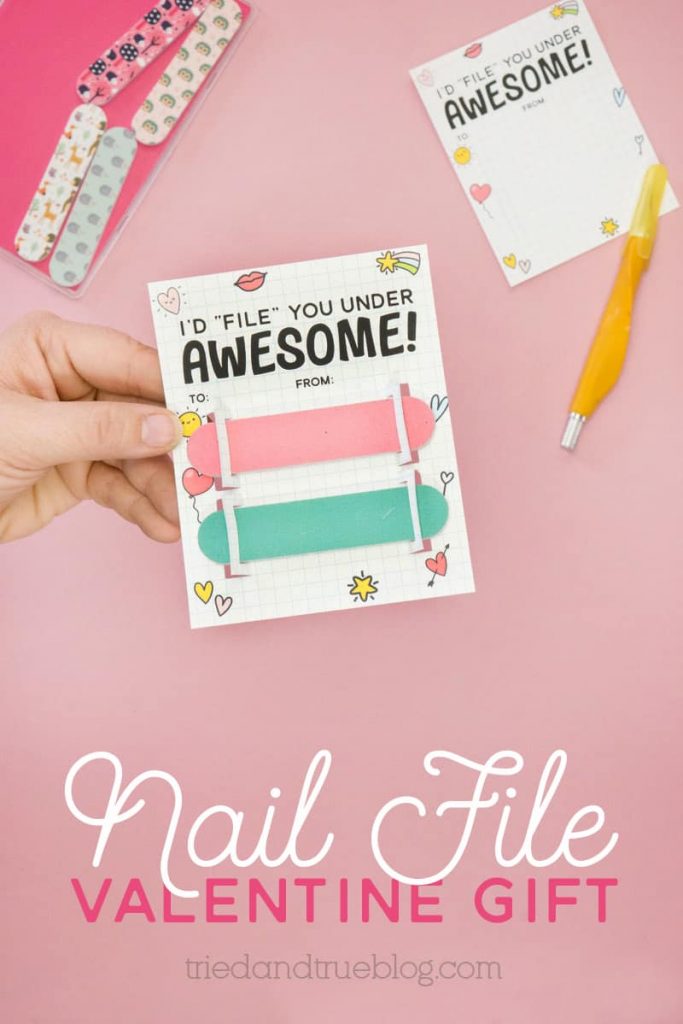 Hand holding Nail File Punny Valentine Gift with words "I'd File You Under Awesome!"