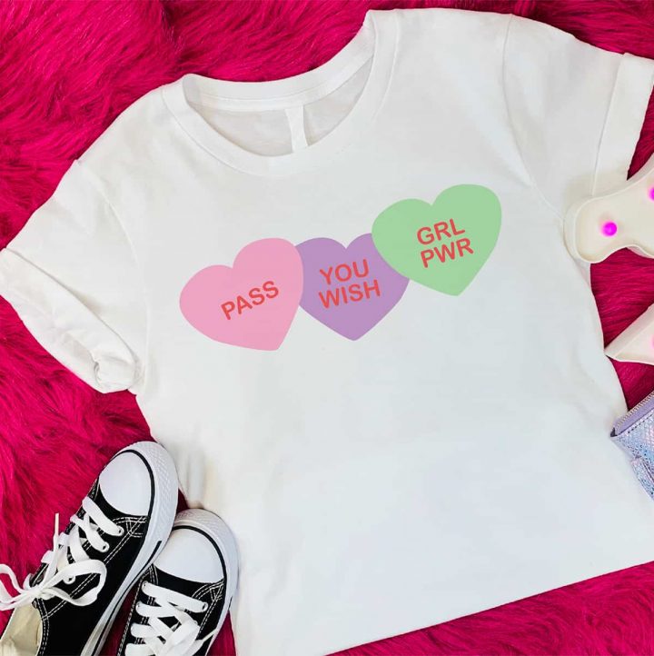 White t-shirt with Valentine's Day Conversation Hearts Free SVG Files on it.