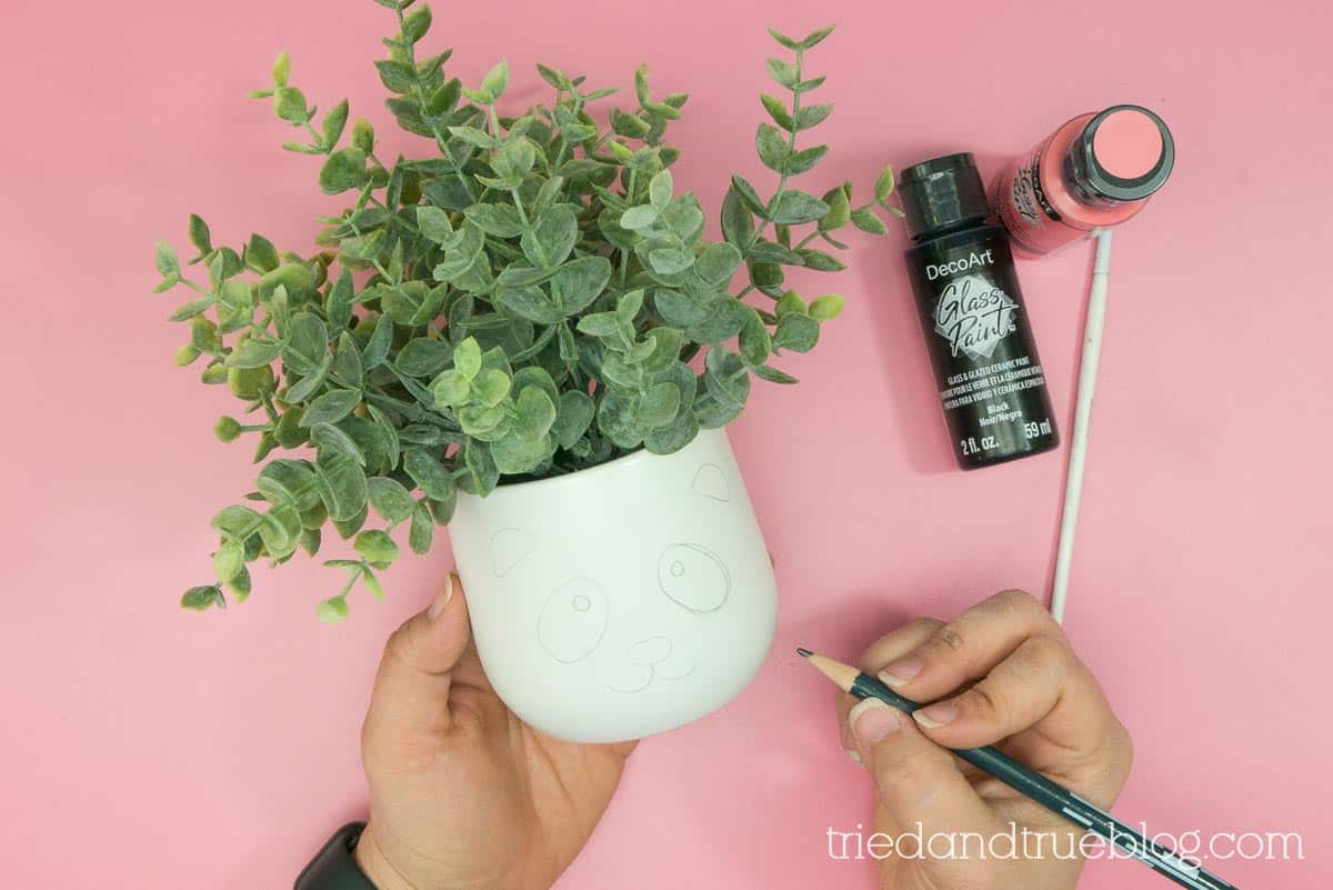 Drawing a panda face on the front of the planter.