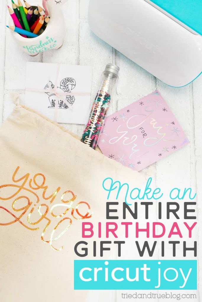 Five easy birthday gifts made with Cricut Joy. Image includes a gift bag with 