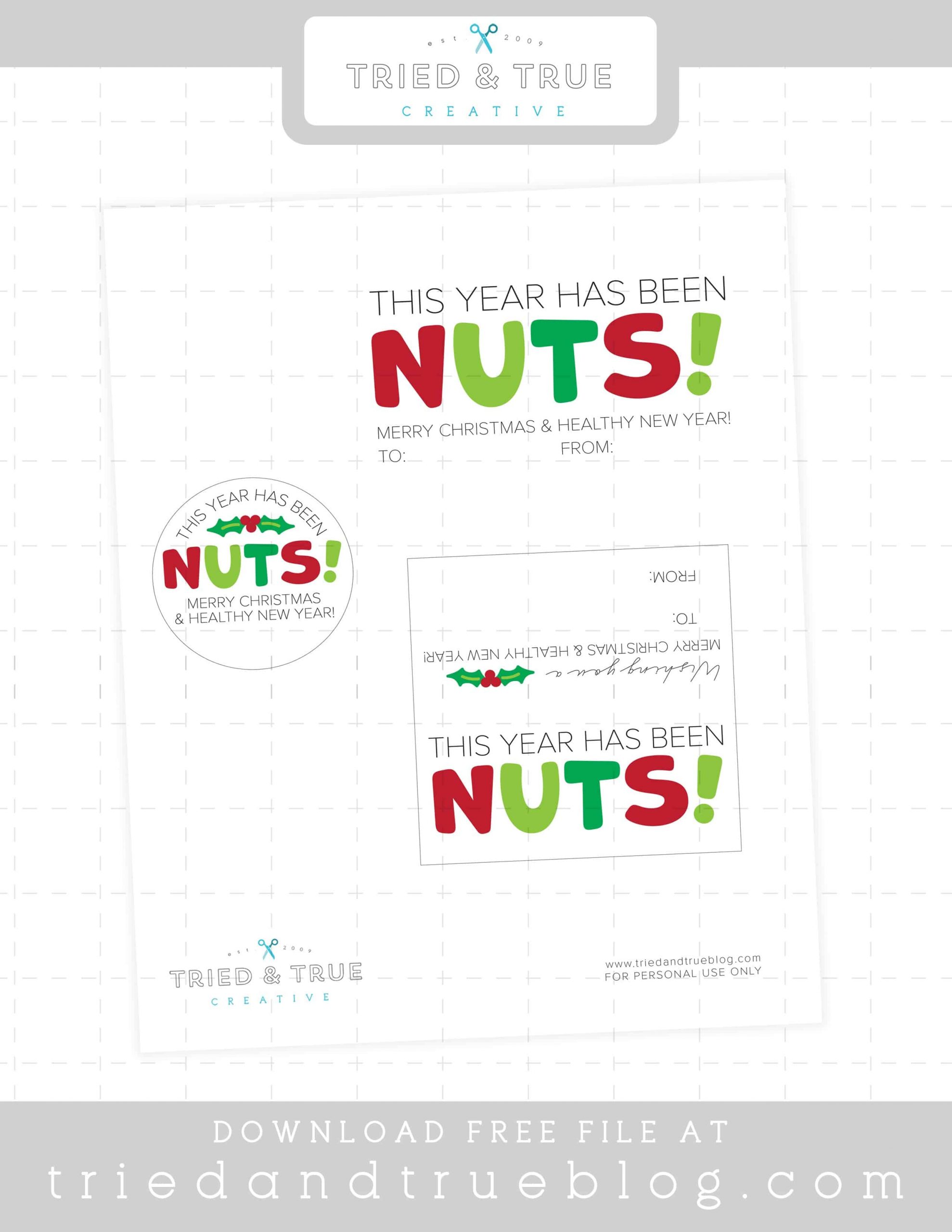 Digital layout with "This Year Has Been Nuts" gift tags in the center.
