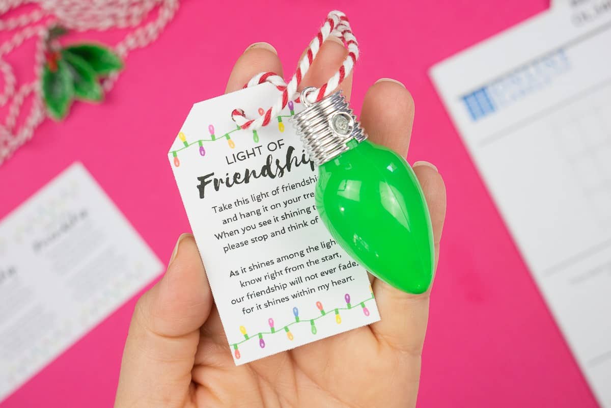 Hand holding a battery powered green Christmas light with a Light of Friendship tag.