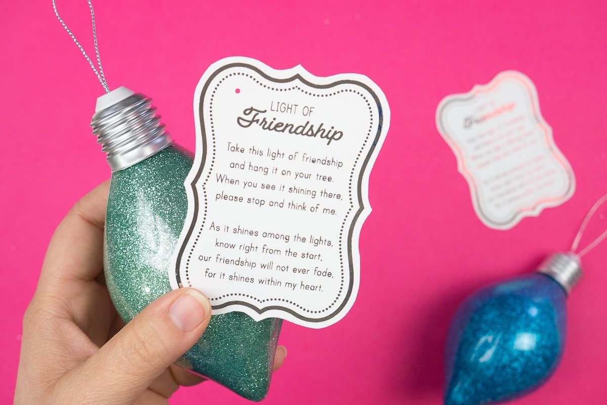 Hand holding a glittered ornament with the Light of Friendship tag.