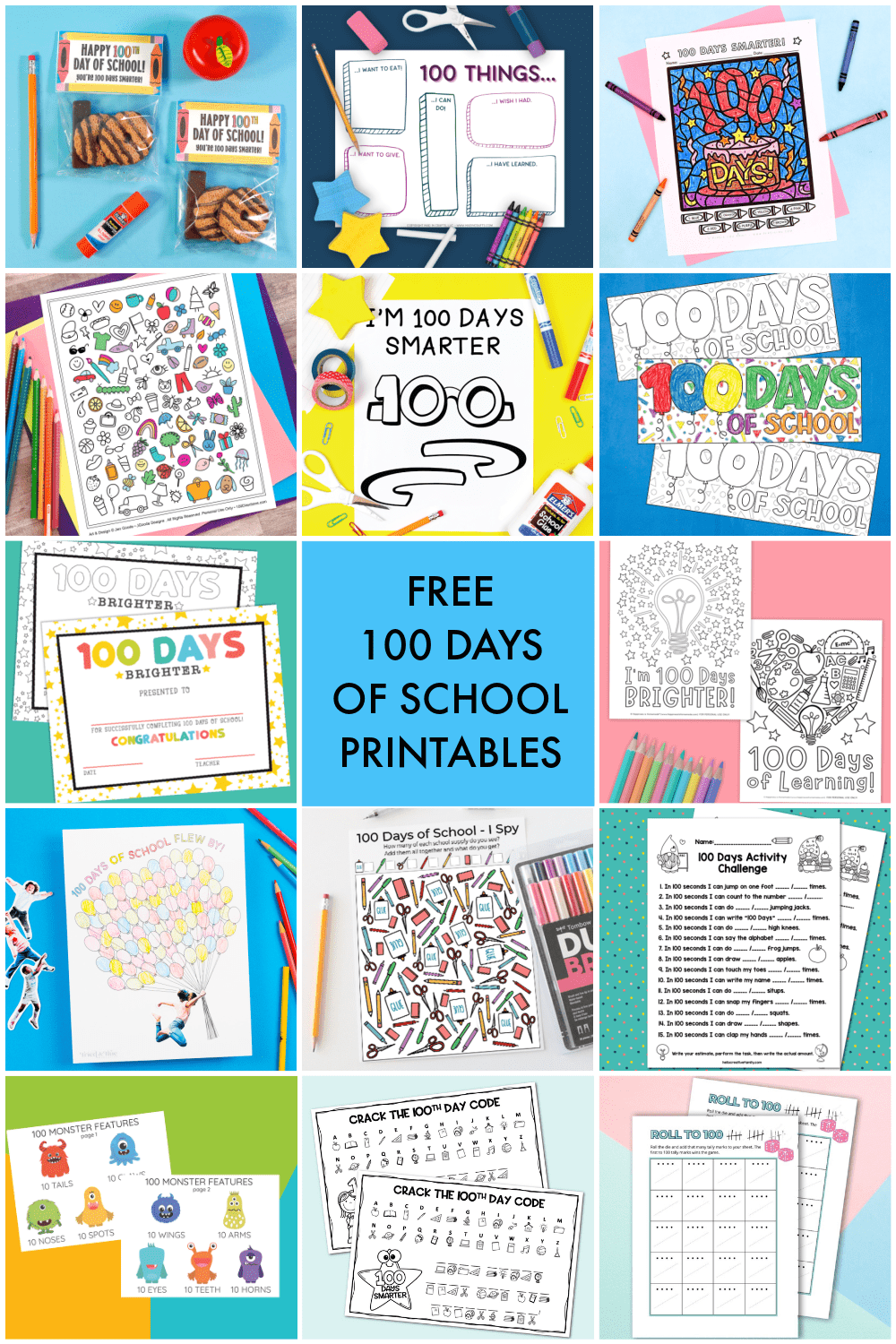 Collage of free 100 days of school printables