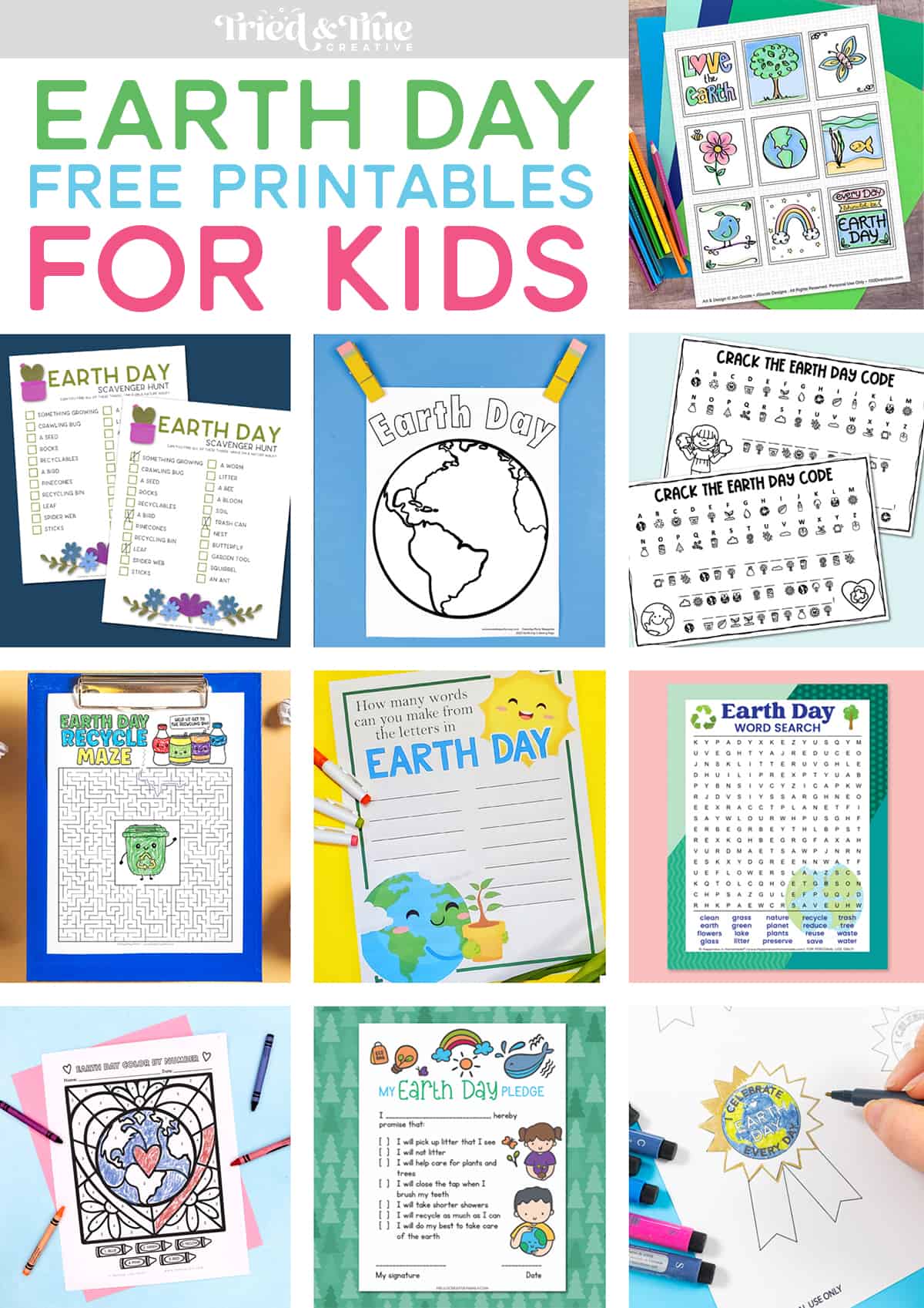 Collage of earth day free printables for kids.