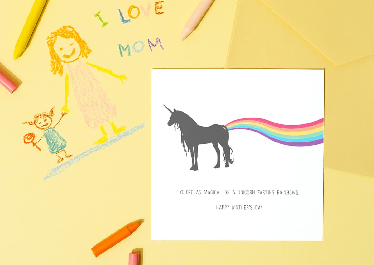 a mother's day card with a drawing of a unicorn.