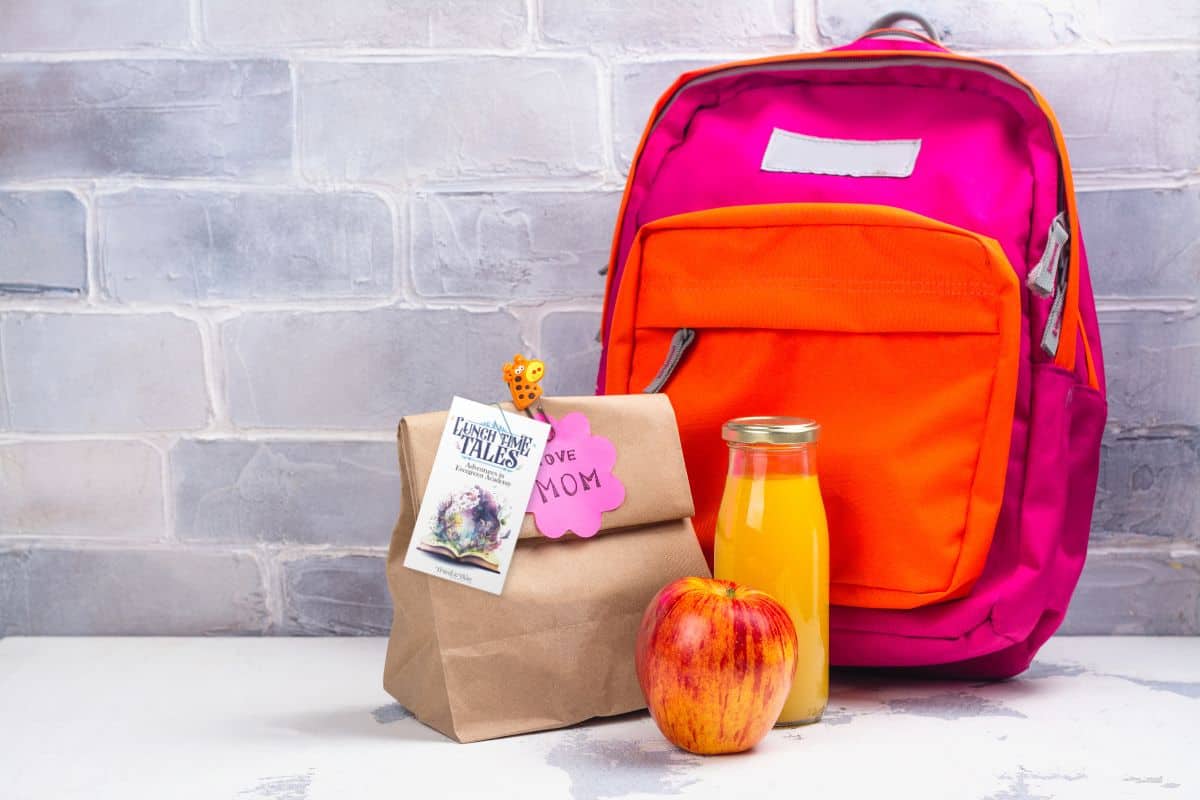 A pink backpack with a bag of apples and a bottle of juice with Lunch Time Tales free printable lunch card