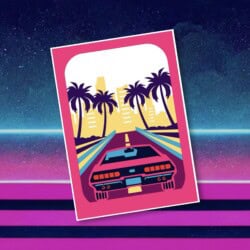 Illustration of a car driving on a colorful road surrounded by palm trees and cityscape, set against a retro, neon background.